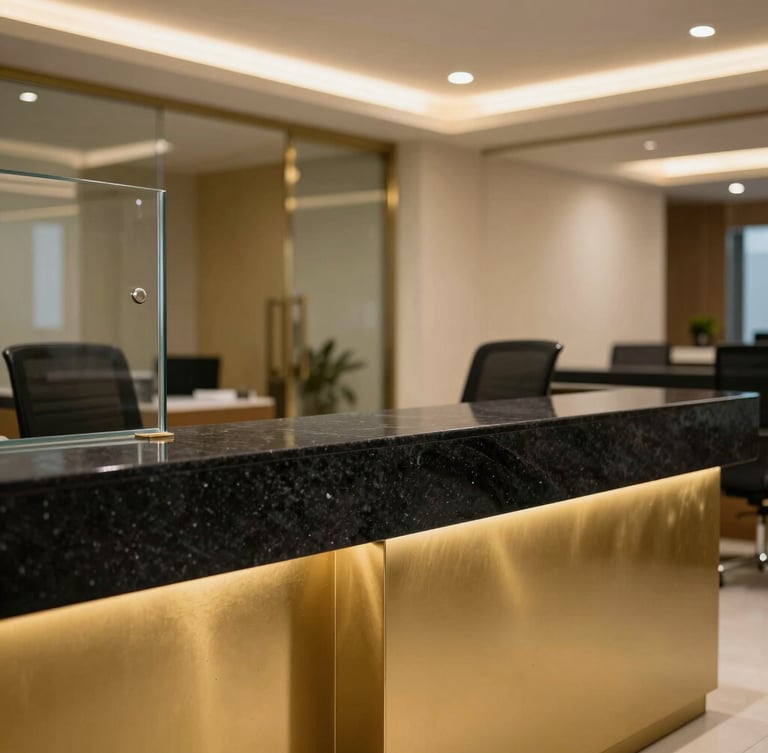 A clean, modern corporate gold office interior in Thrissur, featuring matte black stone counters, champagne gold accents, and secure glass partitions under warm spotlights.
