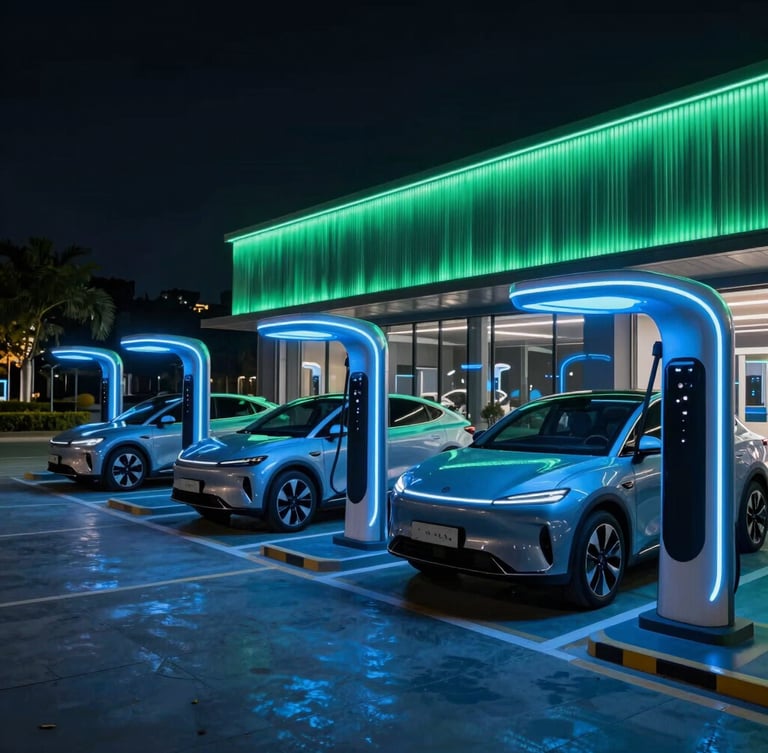 Wide architectural shot of a futuristic EV charging hub integrated into a modern Indian commercial hub at night, sleek electric vehicles, dramatic neon-blue rim lighting, 35mm lens.