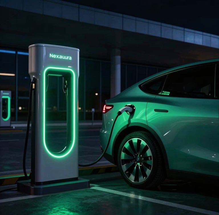 Cinematic low-key shot of a premium electric vehicle connected to a glowing Nexaura DC ultra-fast charging station at night, sharp emerald-green rim lighting on metallic surfaces, 35mm lens, wide architectural perspective.
