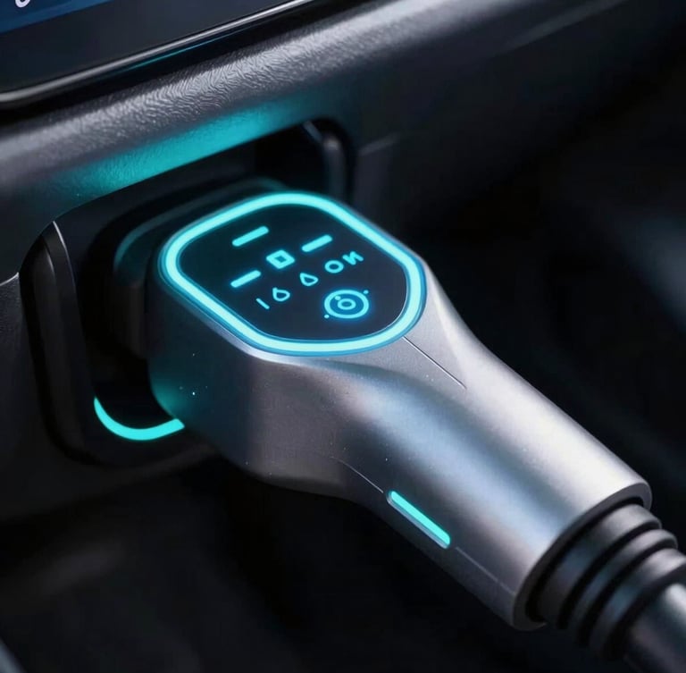 Tight macro shot of a premium EV charging connector with glowing electric blue interface indicators and sharp rim lighting on metallic surfaces