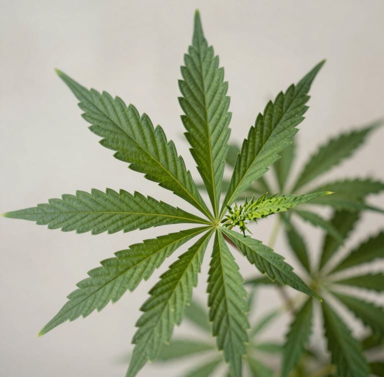 A close-up of a perfectly healthy cannabis fan leaf with vibrant green turgor, soft diffused daylight highlighting the clean botanical structure, neutral background.