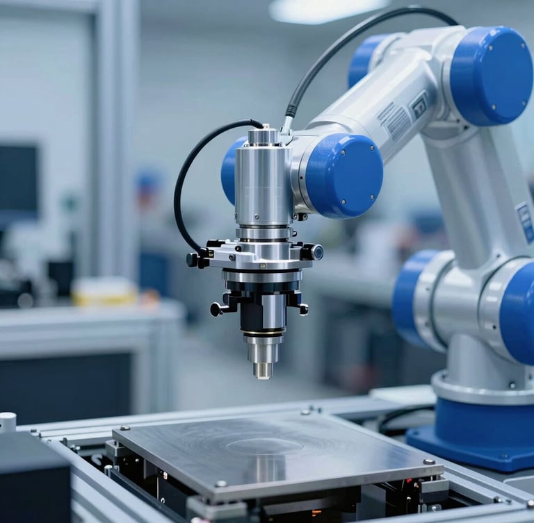 Macro shot of a high-precision robotic arm in motion on an active assembly line, cool-toned industrial lighting, high-contrast metallic surfaces, shallow depth of field, blue accents.