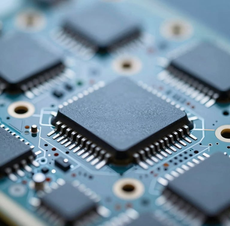 Sharp macro photograph of a clean PCB assembly under cool-toned technical lighting, metallic and blue tones, depth of field.