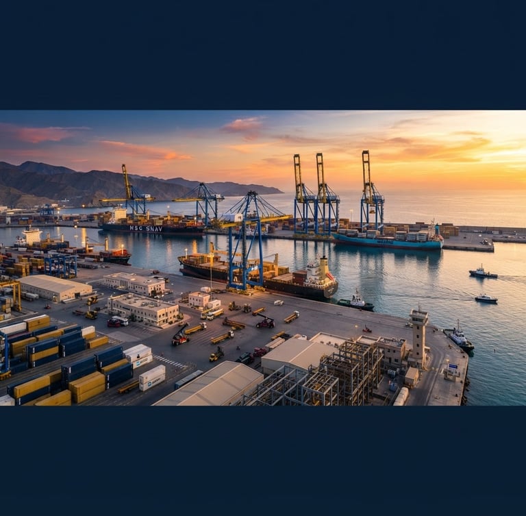 Wide panoramic view of Barka port at sunrise, cargo ships docked, modern cranes, and industrial infrastructure, sharp daylight, deep navy and gold tones, architectural wide-angle, high-contrast editorial.