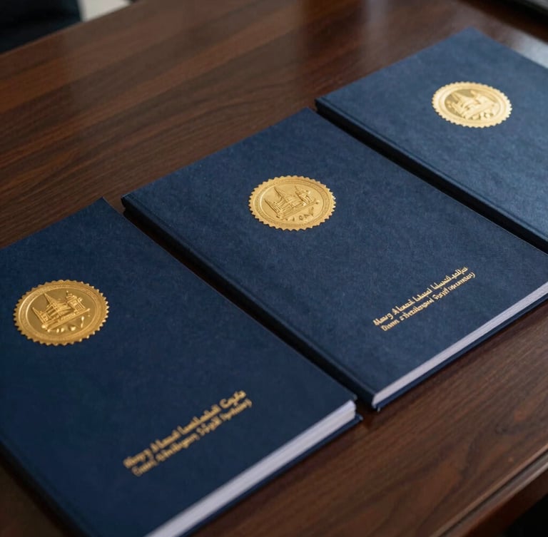 Close-up of official Omani corporate documents with gold foil seals, resting on a dark mahogany executive desk, sharp daylight, deep navy tones, high-contrast editorial