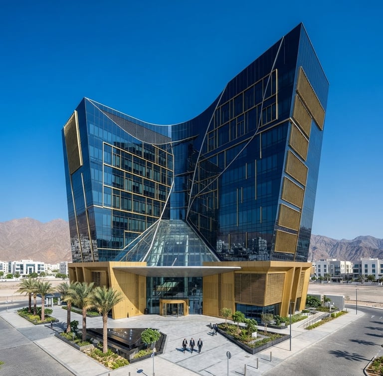 Modern corporate building in Muscat, Oman, with a clear blue sky, sharp daylight, deep navy and gold tones, architectural wide-angle, high-contrast editorial.