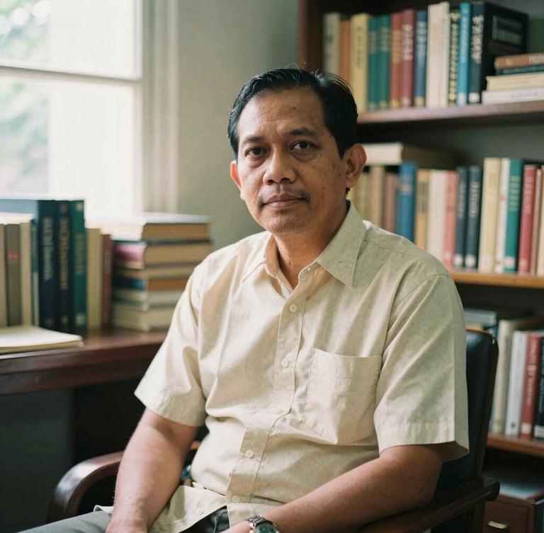 A warm editorial portrait of an Indonesian male professor in his late 30s, sitting in a cozy home study surrounded by bookshelves, soft natural window light casting gentle shadows, 35mm photography