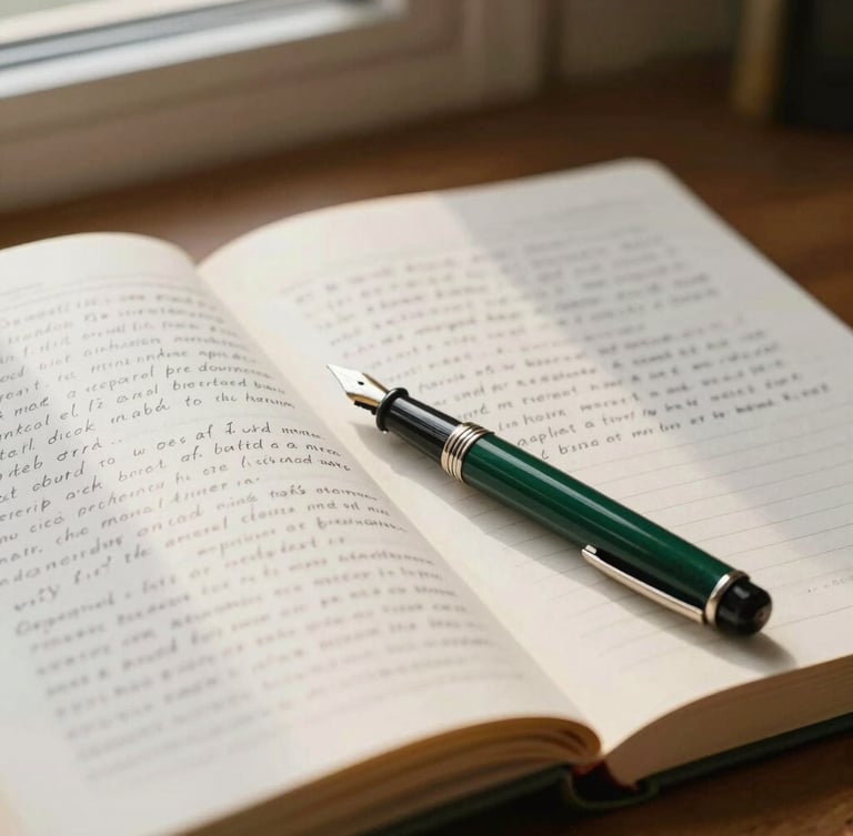 Close-up of open academic book pages with handwritten notes on the margins, a vintage fountain pen resting on the paper, warm natural desk lighting, scholarly atmosphere