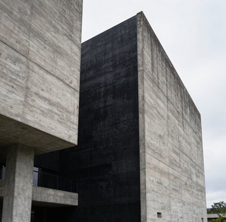 Extreme wide architectural shot of a massive brutalist concrete structure with a stark black painted intervention under flat overcast daylight.