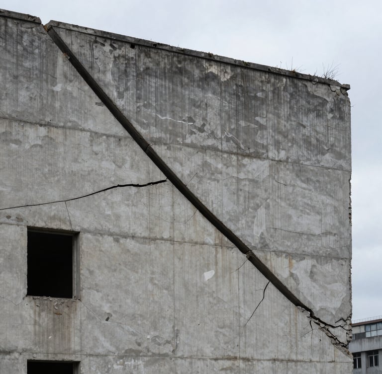 Extreme wide shot of a brutalist concrete ruin in Chisinau under overcast skies, a single sharp black line cutting across the cracked facade