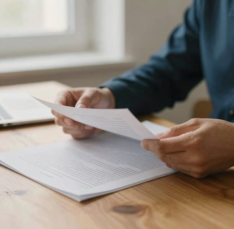 Close-up of hands reviewing physical documents on a warm wood table, soft natural window light, muted navy tones, shallow depth of field, 35mm