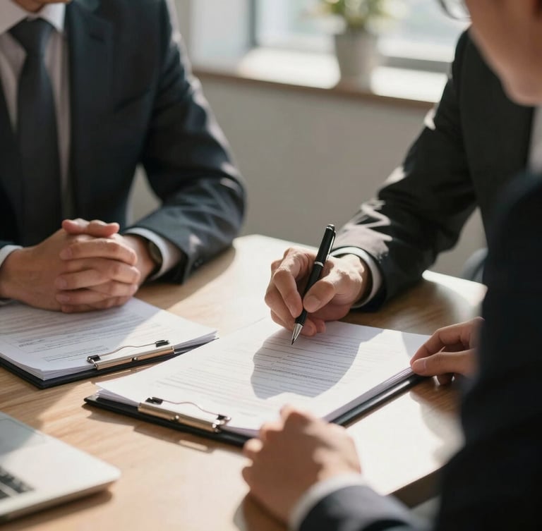 Close-up of a professional business consultation in Guwahati, warm sunlight highlighting financial documents and clean modern office interior, shallow depth of field.