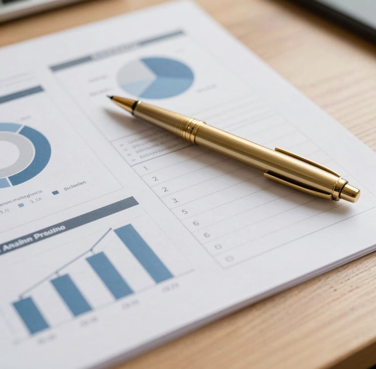 A close-up of organized financial reports, charts, and a gold pen resting on a clean wooden desk, bright natural light
