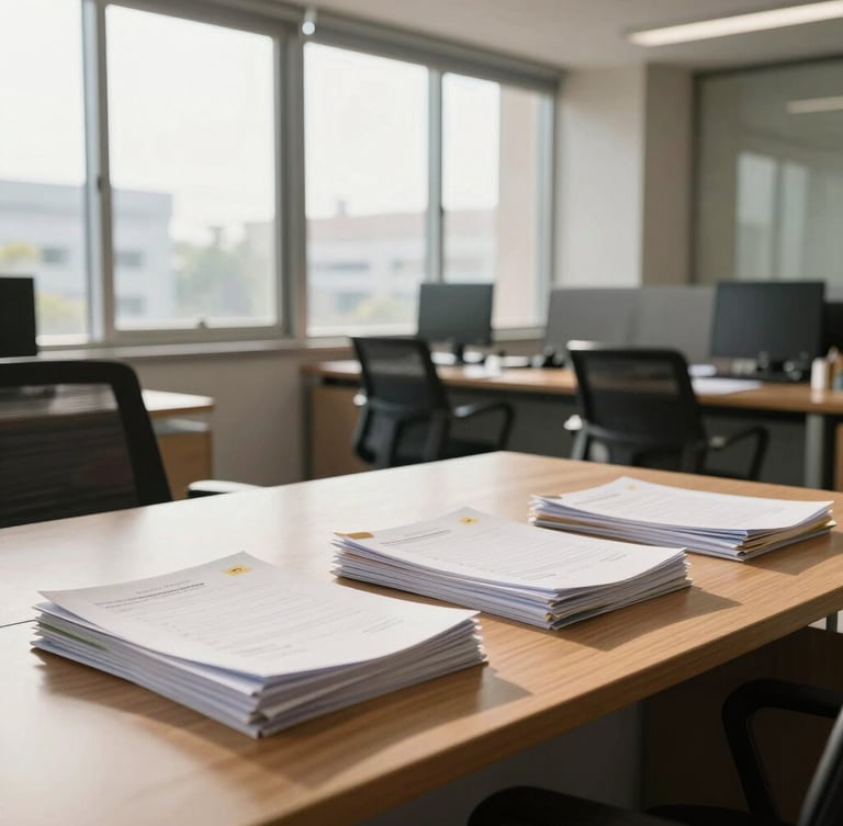 Bright modern office in India, clean wooden desks with organized corporate files, warm natural daylight streaming through large windows.