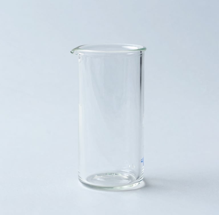 Macro shot of sterile laboratory glass under cold-toned clinical light, sharp focus, clean blue-gray background