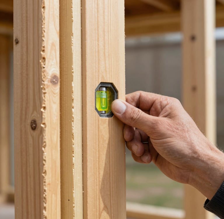 Close-up macro of a craftsman's hand holding a wooden leveling tool on a freshly framed wall, bright natural daylight, sharp focus on wood grain.