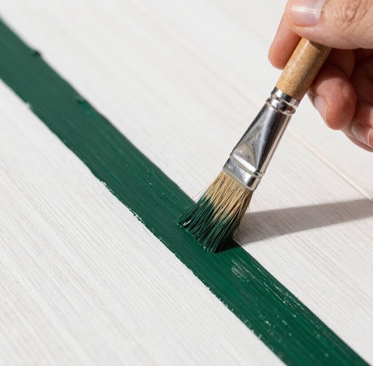 Close-up macro shot of a hand holding a high-quality paint brush applying a perfectly straight line of dark green paint onto a crisp white wooden surface, bright natural daylight, sharp focus.