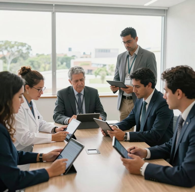 Environmental medium-wide shot of Brazilian public administrators and scientific researchers collaborating around a table with tablet devices, bright natural daylight, clean modern office.
