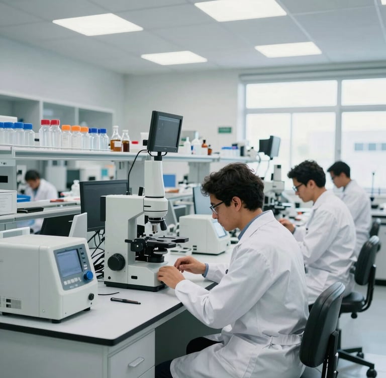 Wide environmental shot of a modern Brazilian laboratory with high-tech equipment, researchers in white coats working in bright daylight, clean and professional atmosphere.