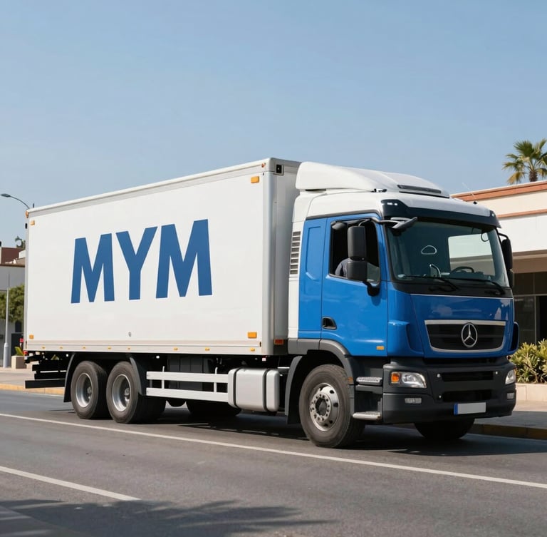 Wide shot of a modern MYM blue and white moving truck parked on a clean Córdoba avenue during bright daylight, professional operator in uniform visible near the cabin.