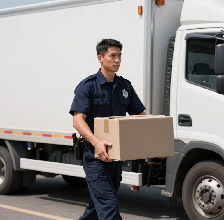 Medium shot of a uniformed moving professional carrying a secure box near a clean truck, high-contrast bright daylight