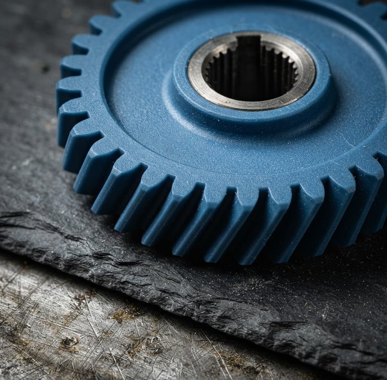 Extreme close-up macro shot of a finished blue polymer industrial gear, sharp precision edges, cool high-contrast studio lighting, slate and steel workbench background