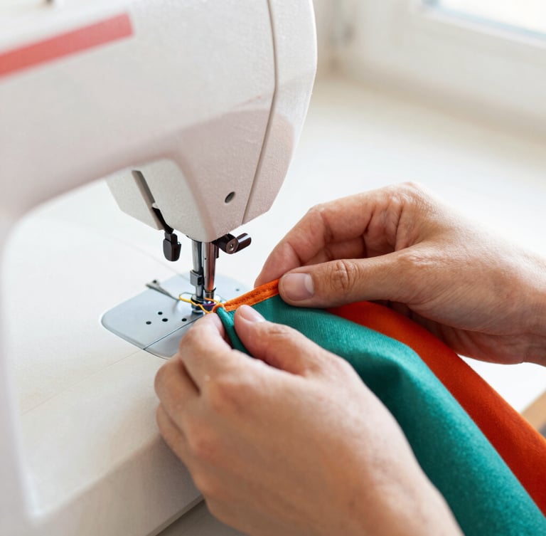 Close-up of hands carefully stitching colorful fabric on a sewing machine in a bright Celaya workshop, soft daylight, warm tones, shallow depth of field