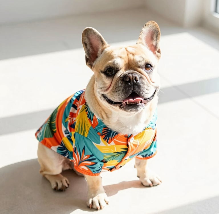 Bright high-key pet photography, a happy French Bulldog wearing a colorful tropical shirt sitting on a clean light floor, warm natural daylight, 35mm