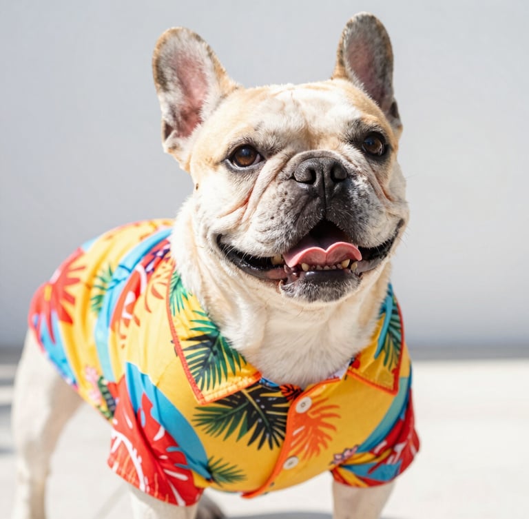 Bright high-key pet photography of a happy French Bulldog wearing a custom-tailored colorful tropical shirt, looking up joyfully, warm natural daylight, vibrant saturated colors, shallow depth of field