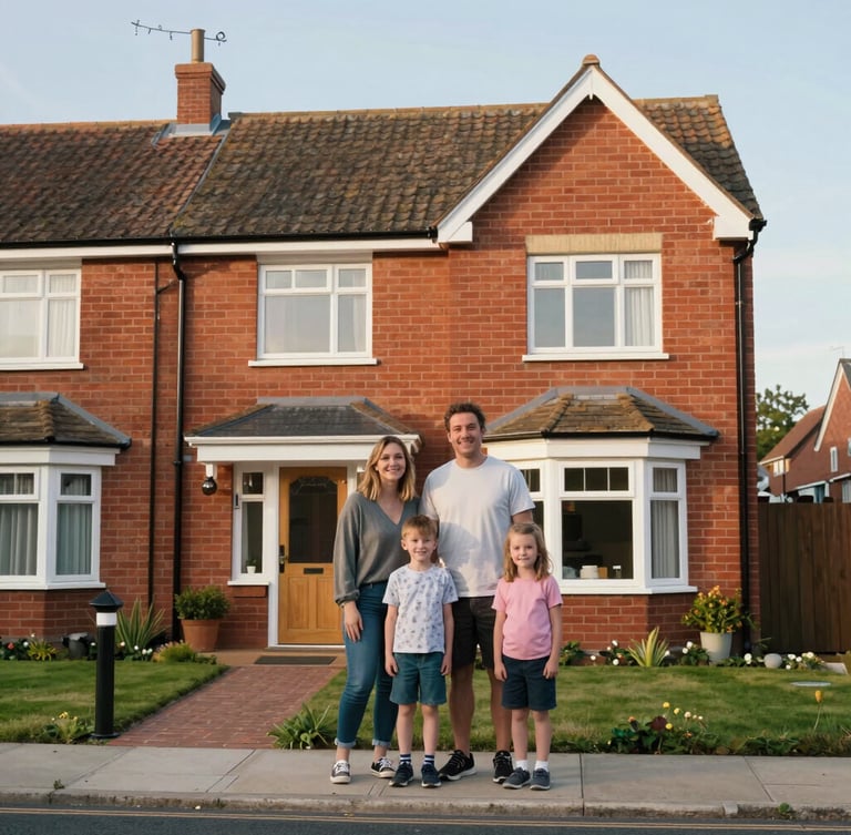 A happy family standing outside their newly extended red-brick semi-detached home in Upton Rocks, soft afternoon North West daylight, natural environmental framing.