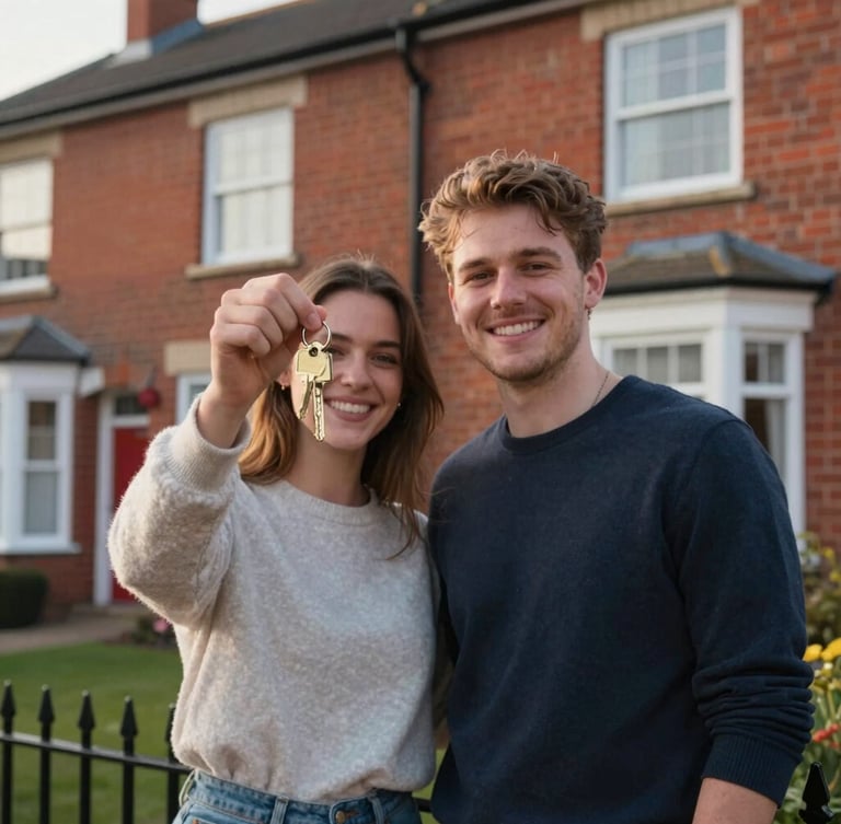 A happy young couple holding up their new brass house keys, standing proudly in front of a classic red-brick terraced home in Widnes under soft afternoon light.