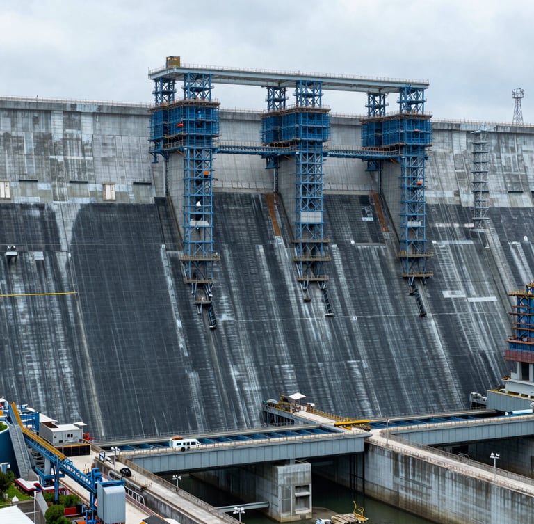 Wide panoramic view of a massive hydroelectric dam under construction in Malaysia, cool overcast daylight, sharp technical detail, structural steel blue tones