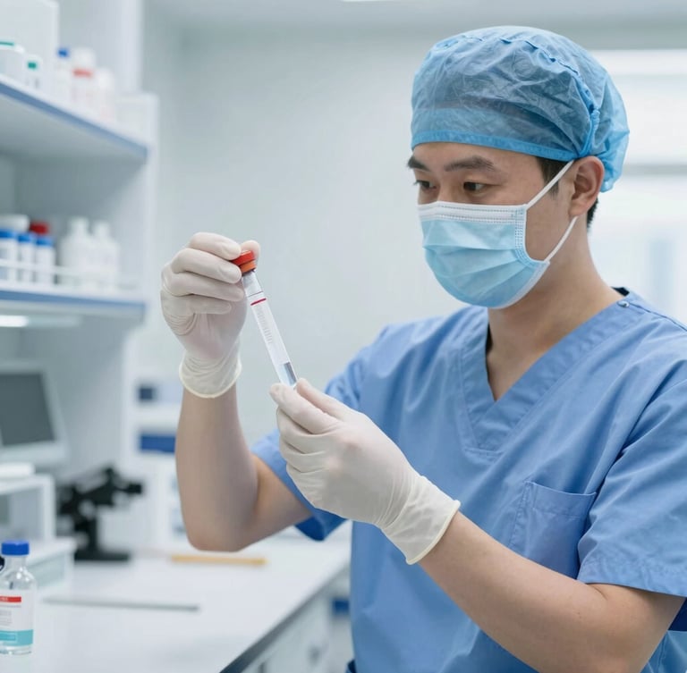 A professional clinician in clean scrubs preparing a sample vial in a bright, modern laboratory with soft daylight, sharp focus, professional depth of field