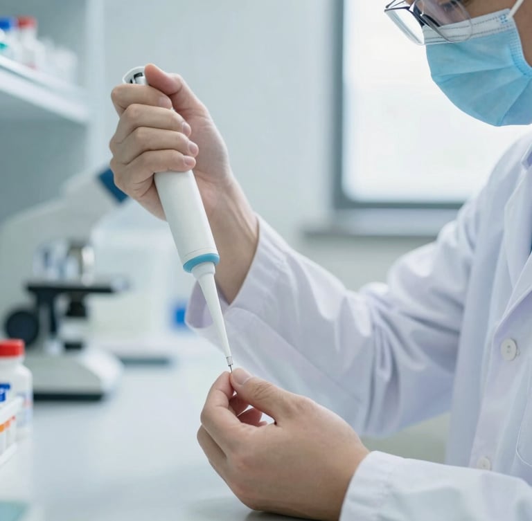 A medium close-up of a clinical scientist in clean scrubs using a pipette to prepare a sample in a bright, modern laboratory, soft natural daylight, sharp focus on the hands.
