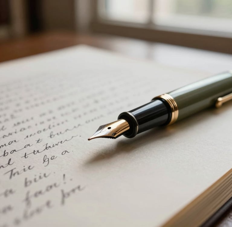 Macro close-up of a classic fountain pen resting on a draft manuscript with handwritten annotations, warm morning light from a library window, shallow depth of field, 35mm photography