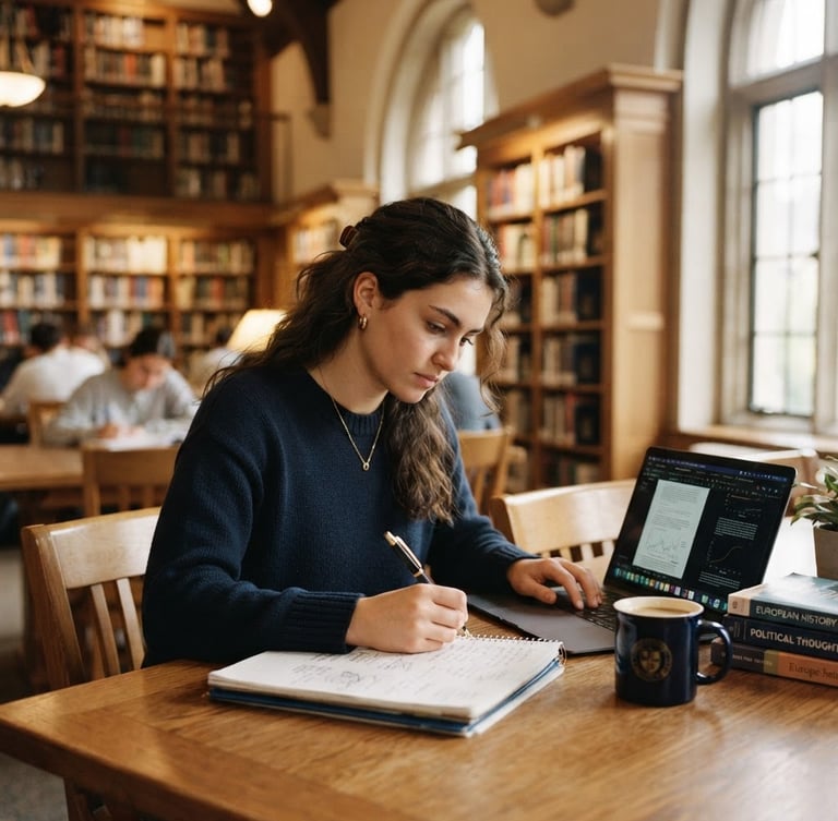 A focused student studying with a notebook and laptop in a sunlit university library, warm editorial photography, soft natural window light, shallow depth of field, 35mm