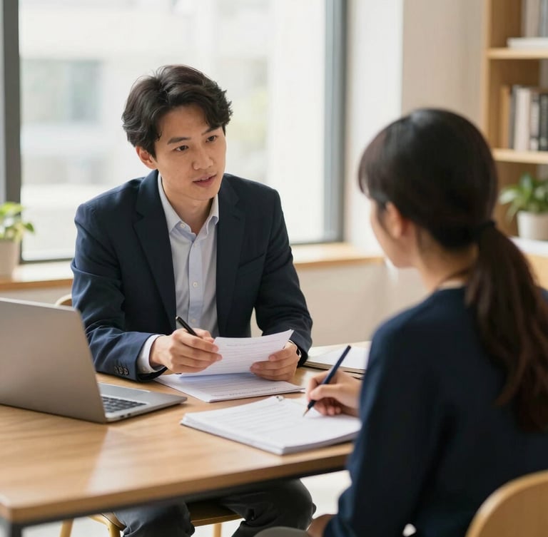 A professional academic consultant in a bright modern office discussing a structured study plan with a student, warm natural daylight, gold accents, shallow depth of field, 35mm photography