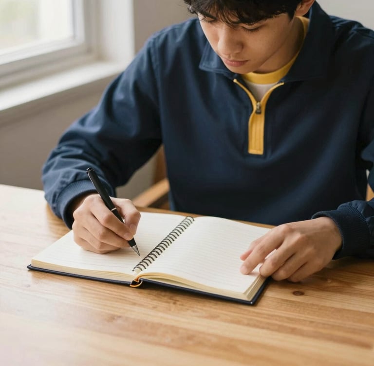 A focused student studying at a clean wooden desk with a structured notebook, warm natural window light, deep navy and gold accents, shallow depth of field, 35mm