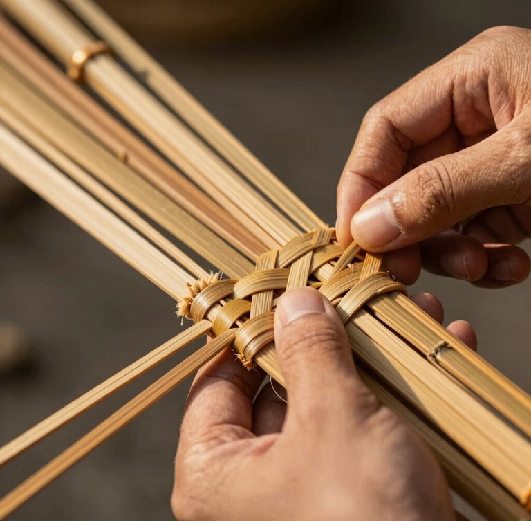 Close-up of seasoned split bamboo being woven by hand with heavy-duty cord, warm afternoon sunlight filtering through, showing rich natural textures.