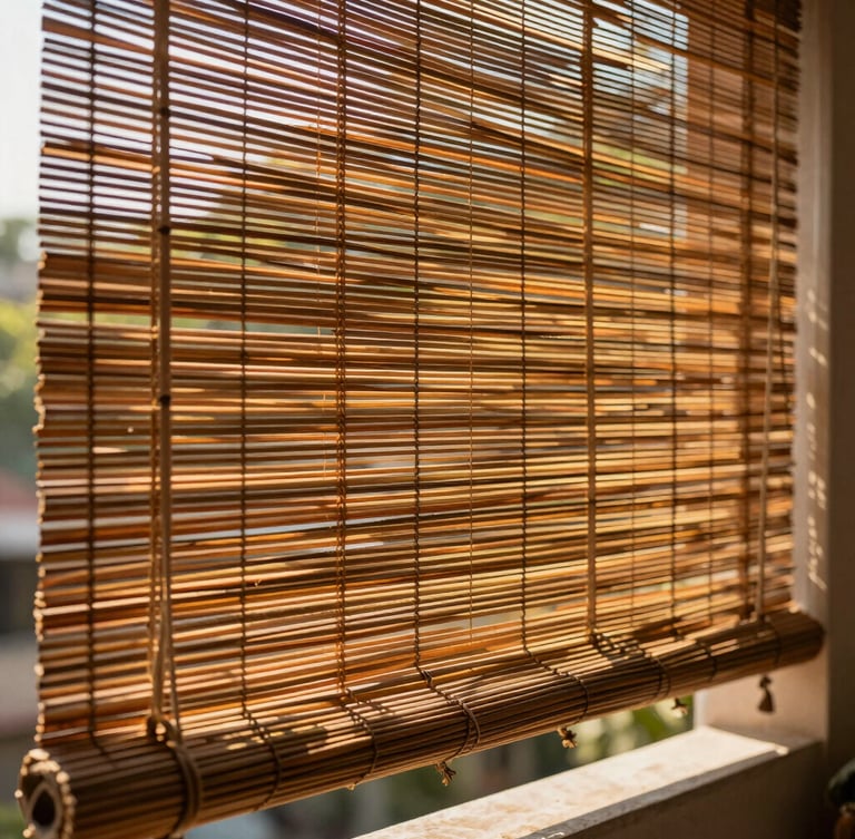 Close-up of a hand-woven bamboo blind hanging on a Lucknow balcony, warm sunlight filtering through the seasoned ochre splits, casting detailed linear shadows.