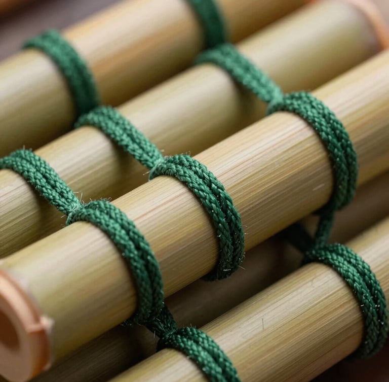 Close-up macro shot of seasoned split bamboo stalks, meticulously hand-woven with heavy-duty forest green cotton cords, showing the rich organic texture and precise alignment