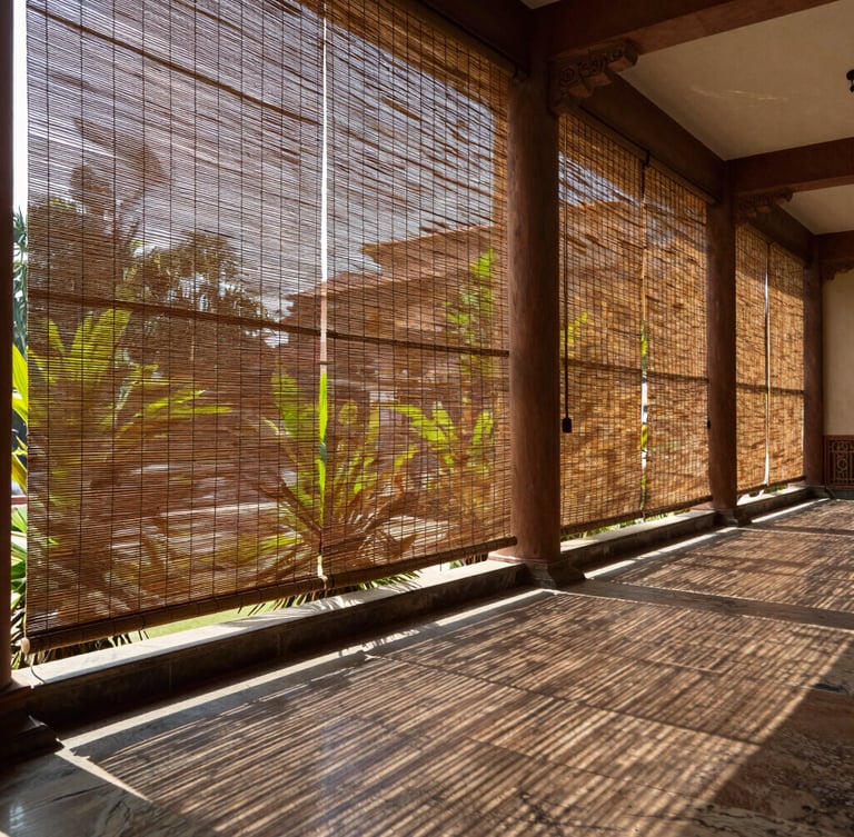 A grand hotel verandah in Lucknow at midday, featuring massive hand-woven bamboo blinds filtering intense sunlight into beautiful linear shadows on a polished marble floor, lush green palms in the background.