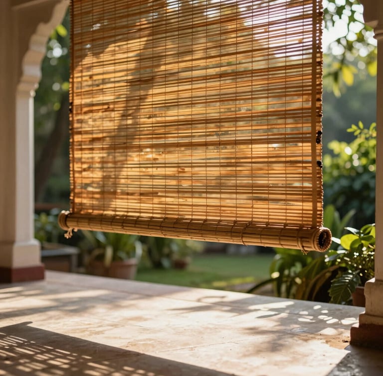 A close-up portrait of hand-woven seasoned bamboo blinds hung in a spacious Lucknow verandah. Warm afternoon sunlight filters through the fine bamboo splits, casting intricate, soft golden shadows onto a polished stone floor. Lush green garden foliage is softly blurred in the background.
