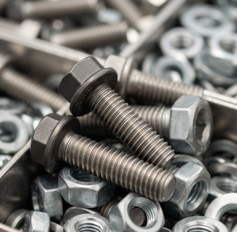 Macro shot of high-precision cold-forged steel fasteners with clean thread profiles, bright clean factory daylight, metallic steel tones, macro lens, shallow depth of field