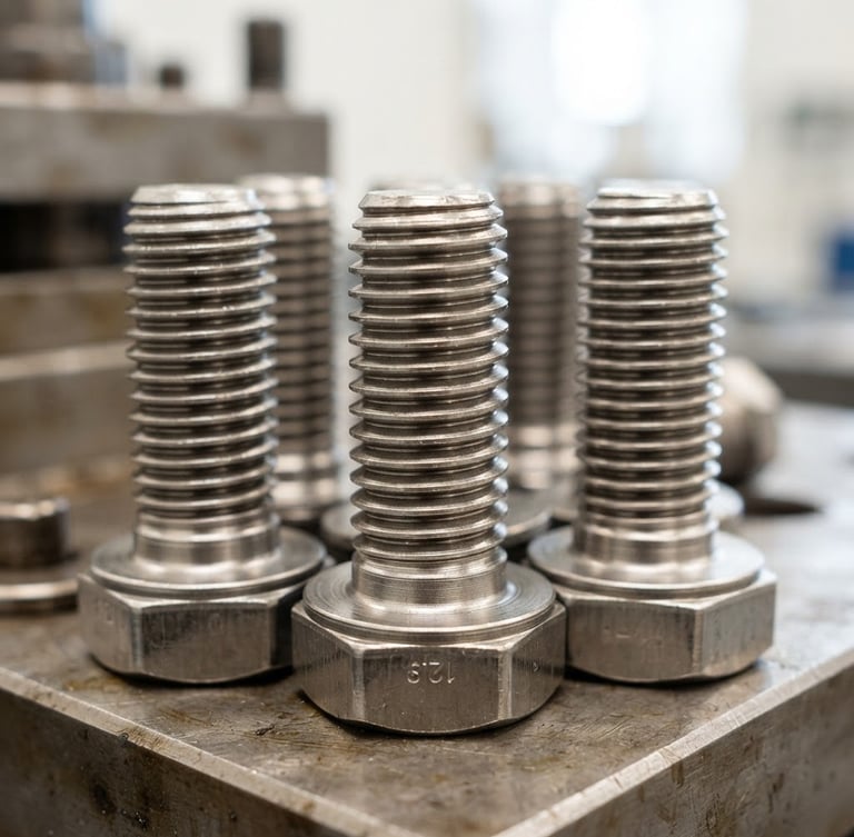 Macro photograph of high-precision cold forged steel bolts, showing clean thread profiles, bright industrial daylight, metallic steel tones, shallow depth of field
