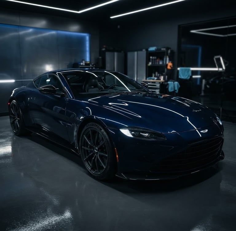 Sleek dark luxury sports car parked inside a pristine, modern detailing bay with sharp overhead LED lighting, metallic reflections on deep navy paintwork, 85mm