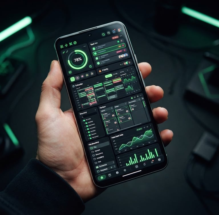 Sleek tech photography, cool studio lighting, dark background with neon green accents, crisp macro device mockup of a productivity app interface on a modern Android phone, 35mm