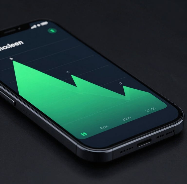 Crisp macro device mockup of an Android phone screen showing a dark-mode health tracking application, vibrant green charts, cool backlighting, 35mm