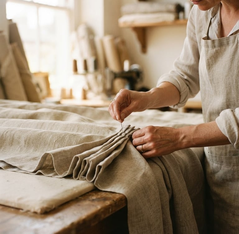 Hands pinning pleats on a luxurious linen curtain in a sunlit workroom, shallow depth of field, warm editorial photography