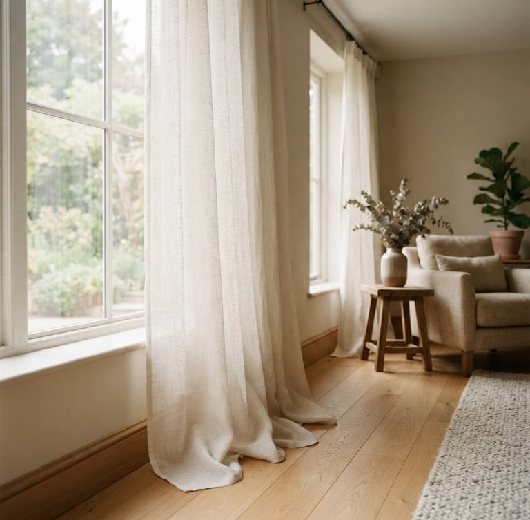 Wide portrait of a luxurious custom sheer drape in a residential living room, kissing the floor, with soft natural light filtering through, shallow depth of field, muted organic tones.
